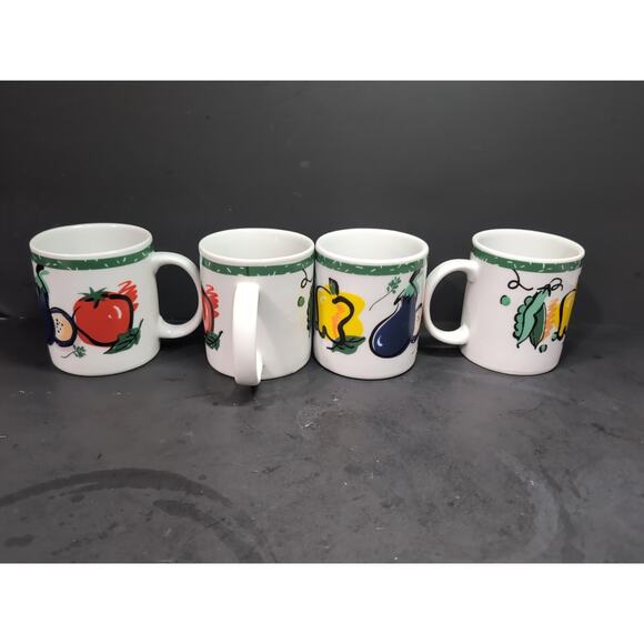 Tom Prager Vegetable Coffee Mug Set, Eggplant Tomato Pea, Lipper Mugs, Set of 4 - Picture 3 of 9